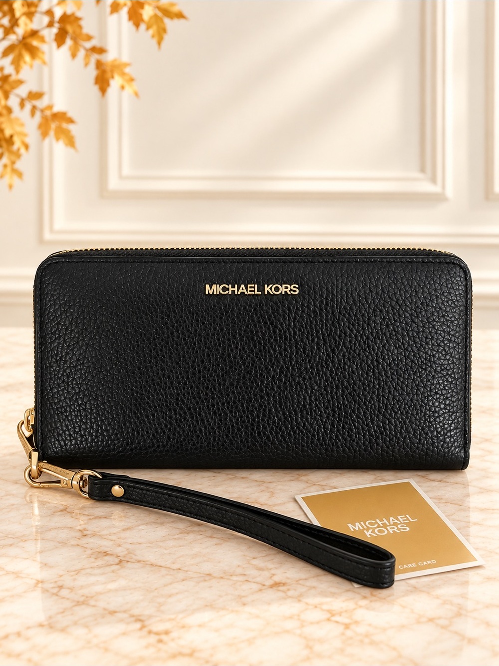 MICHAEL KORS Black Pebbled Leather Zip Wristlet with Gold Hardware